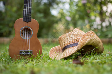 Ukulele和草帽躺在绿色地上模糊的公园区在背景中图片