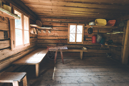 奥地利一个古老的废弃高山小屋内背景图片