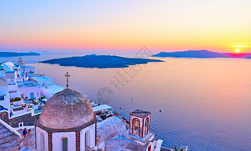 希腊Thira镇Santorrini和爱琴海日落希腊Thira镇图片
