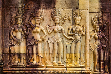Apsaras柬埔寨吴哥渡寺的古代拜萨救济图片