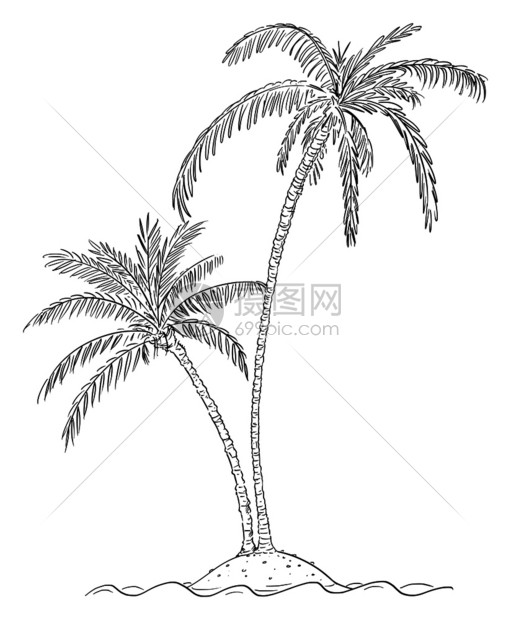 向量漫画插图或绘在海洋中心小岛屿上种植的两棵棕榈树插画图片下载