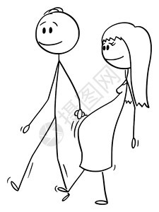 矢量卡通插图绘制一对夫妇的男子和孕一起行走并手牵的概念图图片