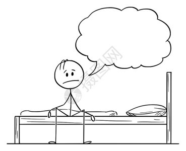 矢量卡通插图绘制疲劳沮丧悲伤或的男人坐在床上用空文本气球或上面的泡说一些话概念插图图片