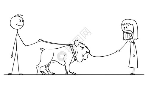 矢量卡通插图绘制一个概念图说明吃或吞食由妇女领头的小狗大和在Leash吃小狗的人类矢量卡通图片