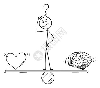 矢量卡通棒图绘制人类或商思维的概念图以及作为情感和逻辑比喻站在锯木上平衡心脏和大脑作为情感和逻辑比喻图片