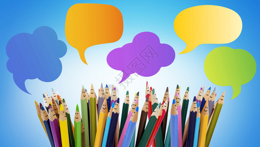 彩色铅笔有人们笑的脸对话人群交谈语言泡沫社交网络流多样和不同文化图片