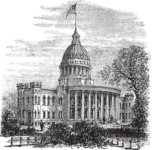 手绘大厦美国麦迪逊的威斯康星州议会1890年代古典雕刻插画