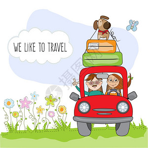带着狗开着红色汽车旅行的快乐情侣海报图片