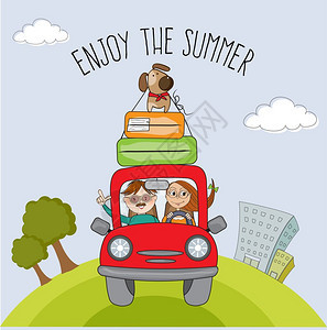 快乐情侣开着红色汽车带着狗旅行海报图片