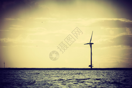 丹麦附近的沿海黄岸风力涡轮机发电场用于可再生持续和替代能源生产图片
