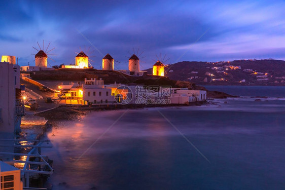 希腊米科诺斯岛风Mykonos岛传统风车的著名景象风岛日出多云希腊米科诺斯岛风车的图片