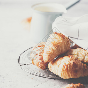 上午咖啡羊角面包和浅灰底的春季郁金花早餐概念清灰底的早咖啡羊角面包和春郁金花图片