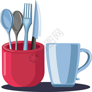 一个红色的餐具站上面有勺子叉和刀以及旁边的咖啡杯上面有矢量彩色图画或插图片