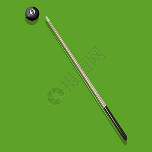 Billiards杆和一个球在绿桌棒把手上黑色矢量颜图画或插图片