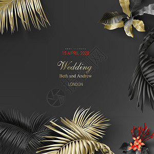 黑色背景上的金色叶子丛林棕榈叶红色花朵矢量插画图片
