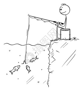 卡通钓鱼的火柴人矢量插图图片素材