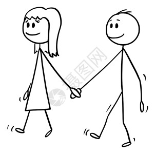 简单黑白线描画黑白线稿矢量卡通女孩和男孩手牵手一起走插画
