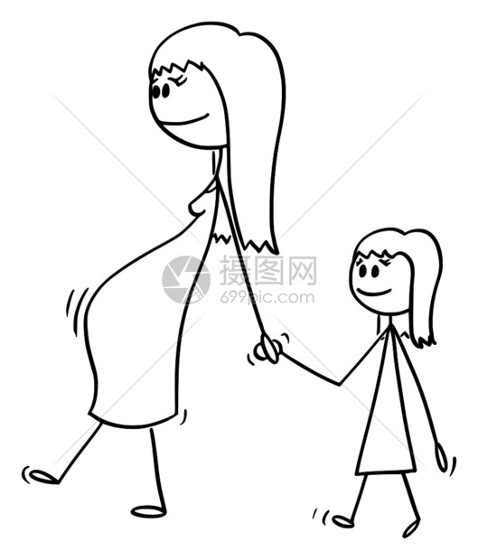 黑白线稿矢量卡通孕妇母亲牵着女儿一起走插画图片下载-正版图片