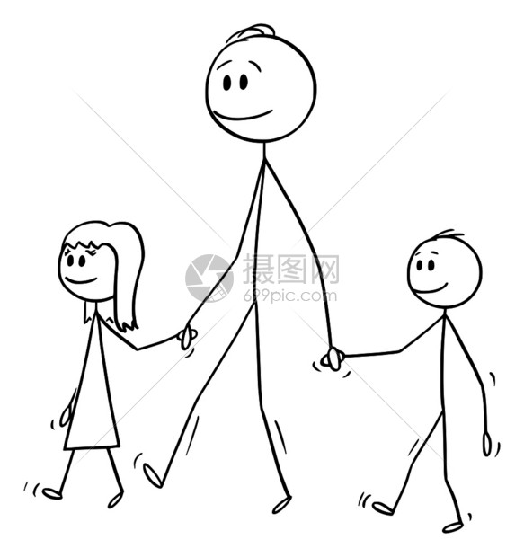 黑白线稿矢量卡通父亲牵着女儿和儿子一起走插画图片下载-正版图片