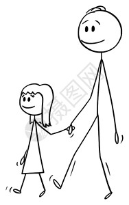 家庭享受黑白线稿矢量卡通父亲牵着女儿一起走插画