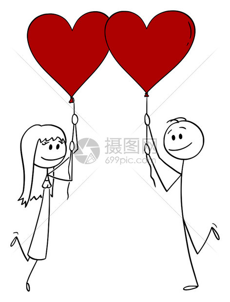 矢量卡通棒图描绘异恋男女在约会时持有红心气球和微笑的概念插图图片
