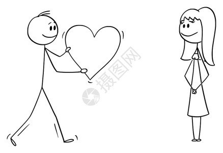 矢量卡通插图描绘男人或孩在约会时给女或人以浪漫的心声明或承认爱男人或孩爱给女人或孩大浪漫的心矢量卡通图片