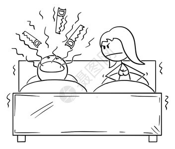 矢量卡通插图绘制卧室床上夫妇的概念图男人在打呼噜女可以睡床和男人打呼噜时女可以睡男在打呼噜女可以睡VectorCartoonof图片