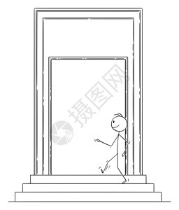 矢量卡通棒图绘制自信的人或商穿过大门进入一些楼的概念图图片