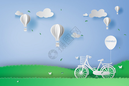剪纸风格花园中的自行车和热气球插图图片