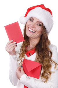 戴着圣达克拉斯帽的妇女拿着红色信背景图片