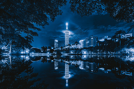 台北公园花和摩天大楼的反射图片