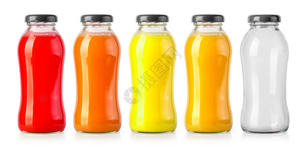 橙汁和空瓶子在白底有剪切路径图片
