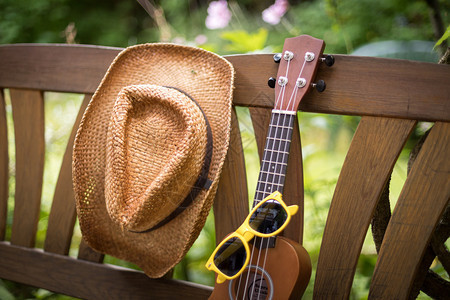 Ukulele和黄色太阳镜夏天在木制公园长椅上在模糊背景的绿地图片