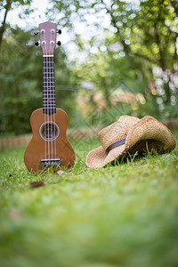 Ukulele和草帽躺在绿色地上模糊的公园区在背景中图片