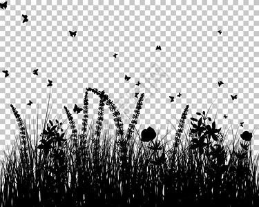 带蝴蝶和花的草地背景矢量插图图片
