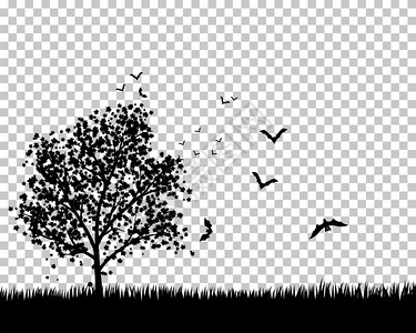 带飞蝙蝠的草地上孤单图树EPS8矢量插图所有对象均被分隔开图片