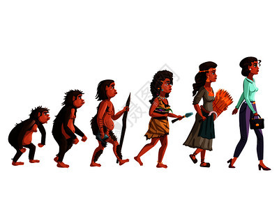 妇女进化矢量漫画插图概念从猴子到女发展进程木卫一的Australopithecus石器时代的猎人和采集者农民到现代时尚女图片