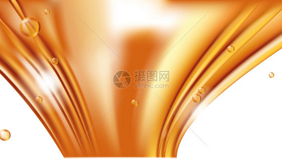 橙色流动的金液体矢量抽象背景有飞滴的油质流蜂蜜或体以及白色的轻质元素化妆品或销售横幅传单的模板橙色流动的金液体抽象矢量图片