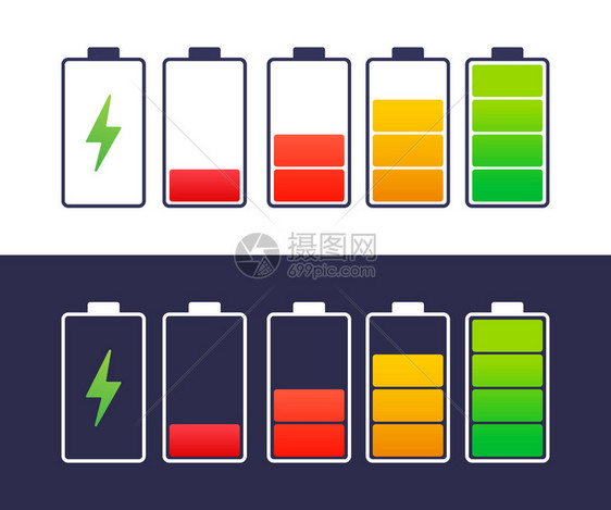 完全充电的池智能手机一套电池充水平指示器矢量插图图片