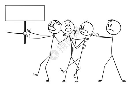 矢量卡通棒图描绘男人或商经理在概念上的插图说明他们强迫团队的其他人做某事或去处手握空标牌人或商的矢量卡通将团队的其余部分强迫做某背景图片