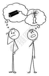 图蜡烛点燃炸药的比喻两位男人或商思考问题解决方案的矢量卡通插画