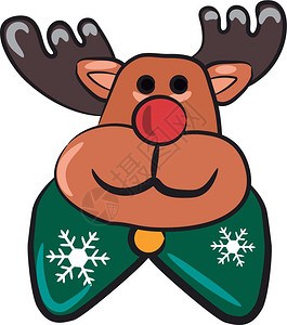 红鼻子驯鹿装饰有绿色弓领带装饰有雪薄片矢量彩色绘画或插图图片