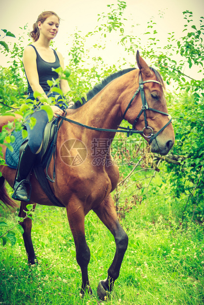 年轻女坐在马上骑阳光明媚的春天花园里骑马图片