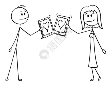 矢量卡通棒图绘制男女双方在约会时的概念插图在移动设备平板电脑话手机或智能上相互交心图片
