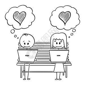 矢量卡通棍图绘制一对男女坐在公园长椅上的概念插图既使用计算机又在社交媒体上寻找爱但彼此视而不见图片