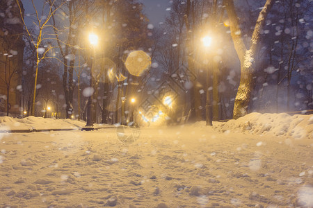 城市雪景美妙的冬季城市公园夜景背景