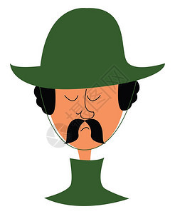 黑胡子卷发绿帽闭着眼睛和嘴矢量彩色画或插图图片