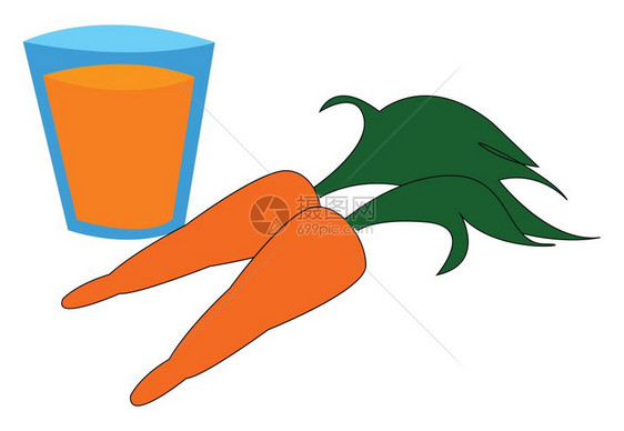 一杯胡萝卜汁旁边是两个胡萝卜矢量彩色画或插图图片