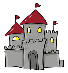 灰色城堡有三个塔四灯光窗口矢量彩色画或插图图片