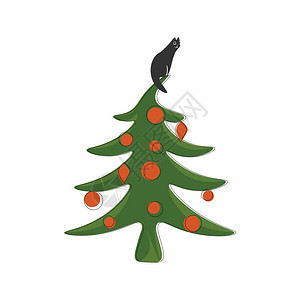 黑猫坐在绿色圣诞树上面图片